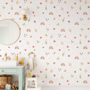 Kleurrijk meisjesbehang met minimale bloemen, illustratie behang kinderkamer, Peel Stick aquarel behang, regenboog kinderbehang