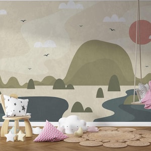 Illustrazione Lago e vista sulle montagne Carta da parati per bambini, Carta da parati per bambini 3D, Carta da parati a tema natura per bambini, Murale per bambini acquerello