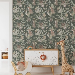 Papier peint forêt écureuil lapin hérisson pour chambre d&#39;enfant, papier peint animaux mignons pour chambre de bébé, papier peint nature enfant, papier peint chambre de bébé