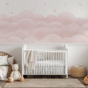 Carta da parati con nuvole di cotone rosa, carta da parati per bambini con acquerello, poster da parete con cielo, carta da parati per cameretta per bambini con sfondo di nuvole rosa, carta da parati per bambini
