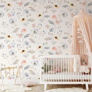 Meadow Flowers on Light Beige Background, Flowers Baby Girl Wallpaper, Flower Garden Wallpaper, Wallpaper Nursery, Watercolor Floral Mural
