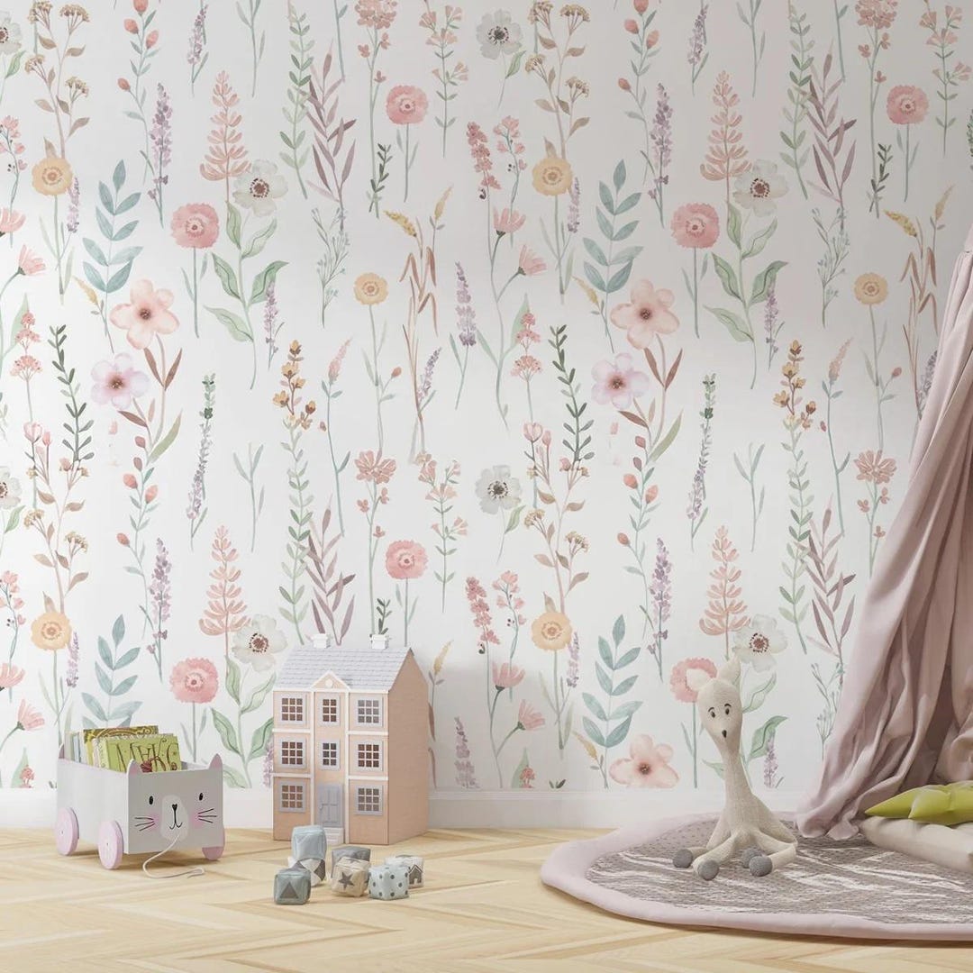 Watercolor Floral Garden Wallpaper, Nursery Decor, Peel and Stick - Etsy