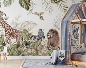 May include: A watercolor mural featuring a giraffe, zebra, lion, and a lioness in a jungle setting. The mural is painted on a white wall and includes green leaves and vines. A white crib with a blue canopy and string lights is in the foreground.