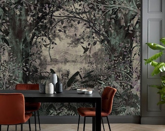 Vintage Forest Wallpaper, Old Style Landscape Wall Mural, Trees, Bohemian Decor, Peel and Stick