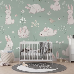 Carta da parati per bambini con conigli e uccelli carini, carta da parati per bambini con animali carini, carta da parati per bambini di Pasqua, carta da parati per bambini primaverili, carta da parati per bambine
