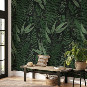 Dark Green Natural Leaves Wallpaper on Black Background, Mystical Forest Leaves Wall Poster  Illustration Botanical Garden Plants Wallpaper