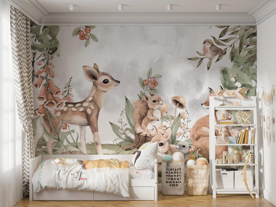 Watercolor Forest Animals Wallpaper, Nursery Peel and Stick Wallpaper ...