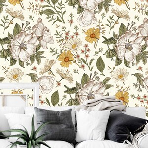 Carta da parati con fiori in fiore, margherite, rose, petunie, carta da parati floreale, murale romantico colorato, carta da parati staccabile e adesiva, carta da parati primaverile
