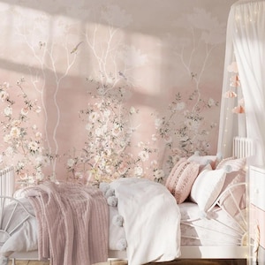 Pink Rose Tree and Birds Flowers Baby Girl Wallpaper, Vintage Flower Garden Wallpaper, Floral Wallpaper Nursery, Watercolor Floral Wallpaper