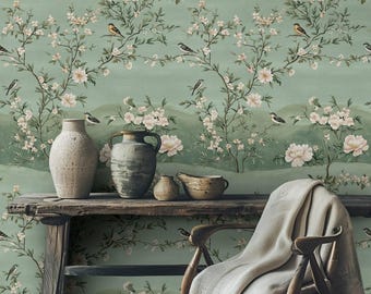 Groen chinoiseriebehang, vogels en bloemen, vintage bloemenmuurschildering