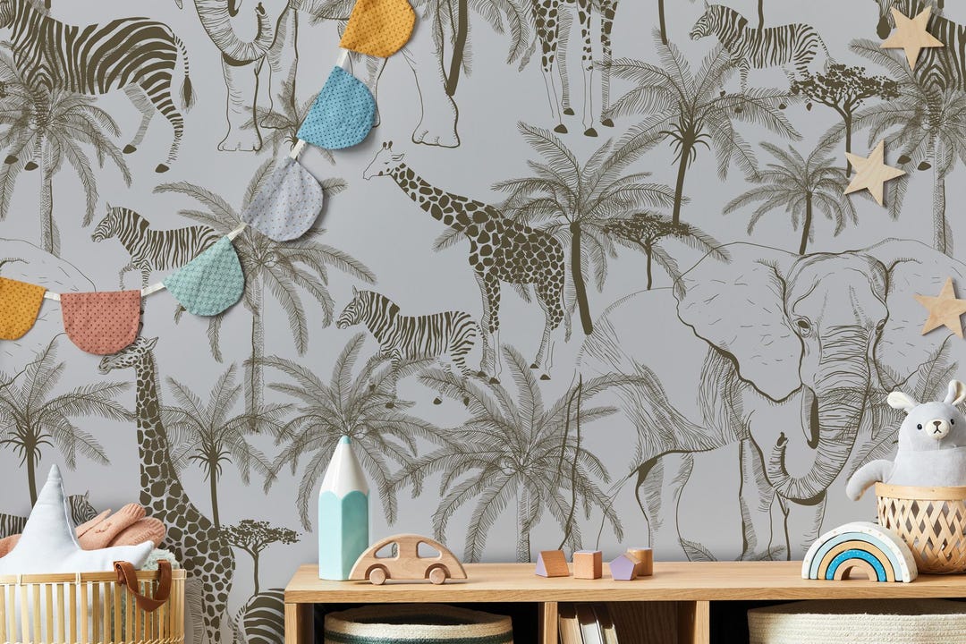 Minimalist Safari Nursery Wallpaper, Jungle Animals, Beige Wallpaper - Etsy