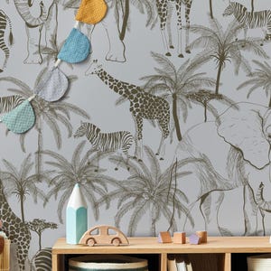 Minimalist Safari Kids Wallpaper, Elephant Giraffe Zebra Wallpaper, Jungle Animals Wallpaper Nursery, Baby Wallpaper, Beige Wallpaper