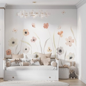 Autumn Flowers Baby Girl Wallpaper, Flower Garden Kids Wallpaper, Art Wallpaper Nursery, Watercolor Floral Wallpaper, Baby Girl Wallpaper
