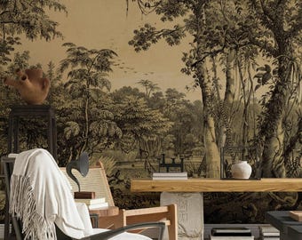 Vintage Forest Scene Wallpaper, Bohemian Wall Mural