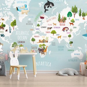 3D-behang met kinderkaart met dieren op turkooizen achtergrond, kinderbehang, Peel-and-Stick behang kinderkamer, babybehang