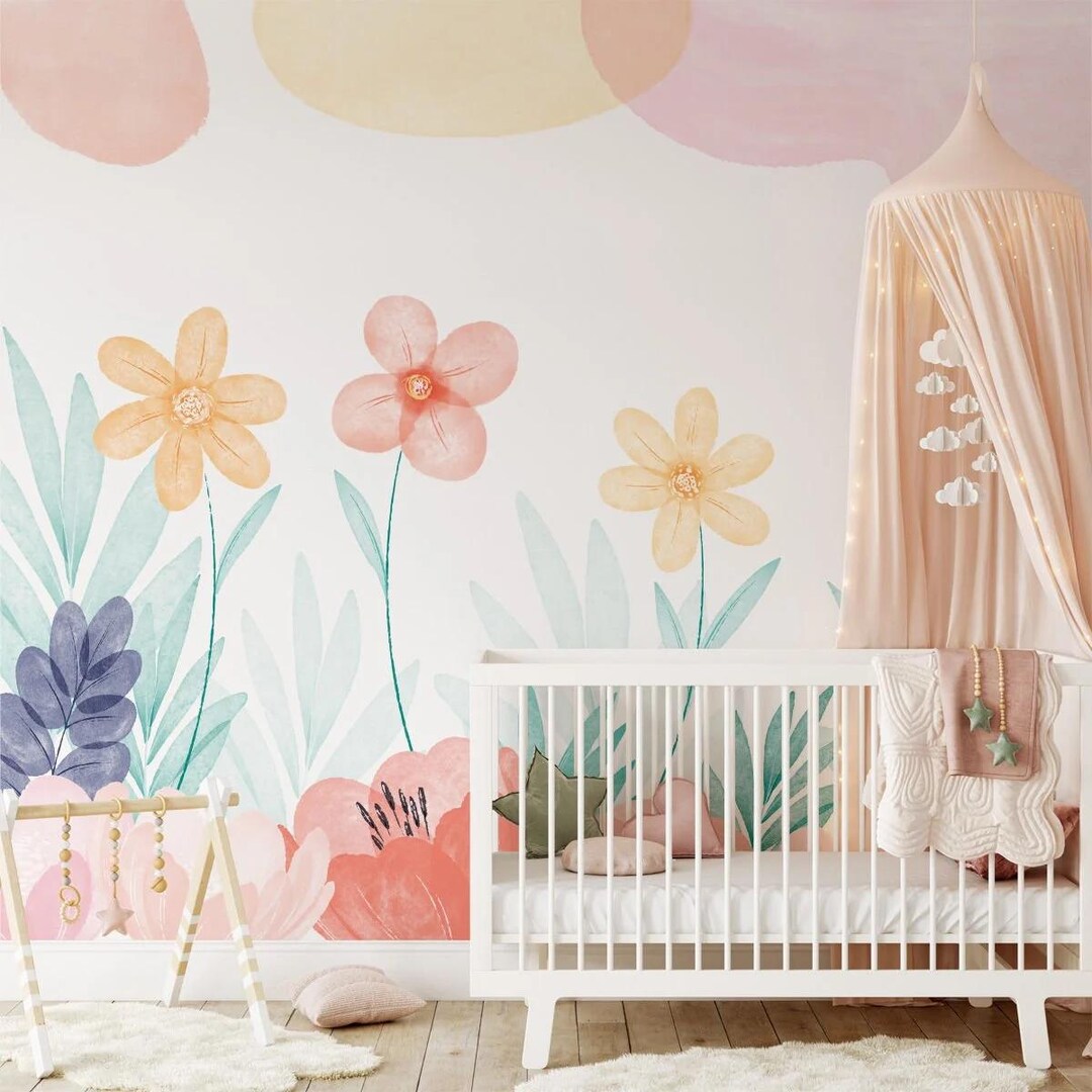 Watercolor Floral Nursery Wallpaper, Colorful Summer Flowers, Baby Girl ...