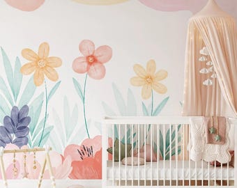 Aquarell Blumen Kinderzimmer Tapete, Bunte Sommerblumen, Baby Mädchen Zimmer