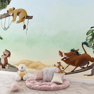 Il Re Leone Simba e i suoi amici felici Wallpaper, Wallpaper Nursery, Wallpaper Nature Child, Wallpaper Animal, Peel and Stick Wallpaper