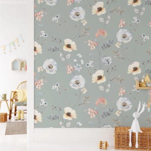 Wiesenblumen auf grünem Hintergrund, Blumen Baby Tapete, Blumengarten Kinder Tapete, Tapete Kinderzimmer, Aquarell Blumen Wandbild