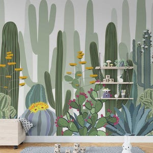 Carta da parati con motivo a cactus per la cameretta dei bambini, carta da parati con giardino mediterraneo per la cameretta dei bambini, carta da parati murale con natura per bambini, carta da parati per bambini staccabile e attaccabile