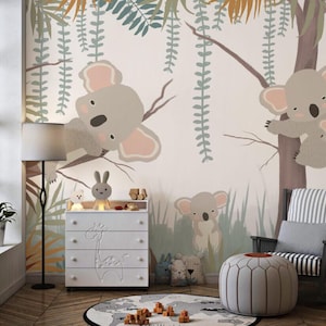 Carta da parati 3D con motivo di albero che abbraccia il koala, carta da parati con simpatici animali per la cameretta dei bambini, carta da parati con motivi naturali per bambini, carta da parati per neonati con motivo staccabile e attaccabile