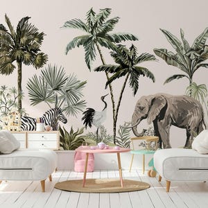 Carta da parati per bambini con giungla tropicale, carta da parati con elefanti, giraffe e zebre della fauna selvatica per la cameretta dei bambini, carta da parati per bambini con safari, carta da parati per bambini con giungla