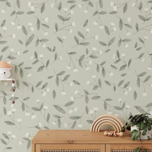 Weiße Mini Blumen mit grünen Blättern Kinderzimmer Tapete, grüne Tapete Kinderzimmer, Natur Kinder Wandbild, Schälen & Aufkleben Baby Mädchen Wandbild