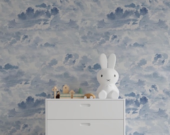 Blue Clouds Nursery Wallpaper, Watercolor Sky, Kids Room