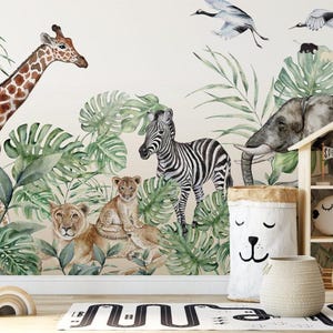 Carta da parati per bambini con animali selvatici, carta da parati con elefanti, giraffe e zebre per la cameretta dei bambini, carta da parati per bambini con safari, carta da parati per bambini con giungla tropicale