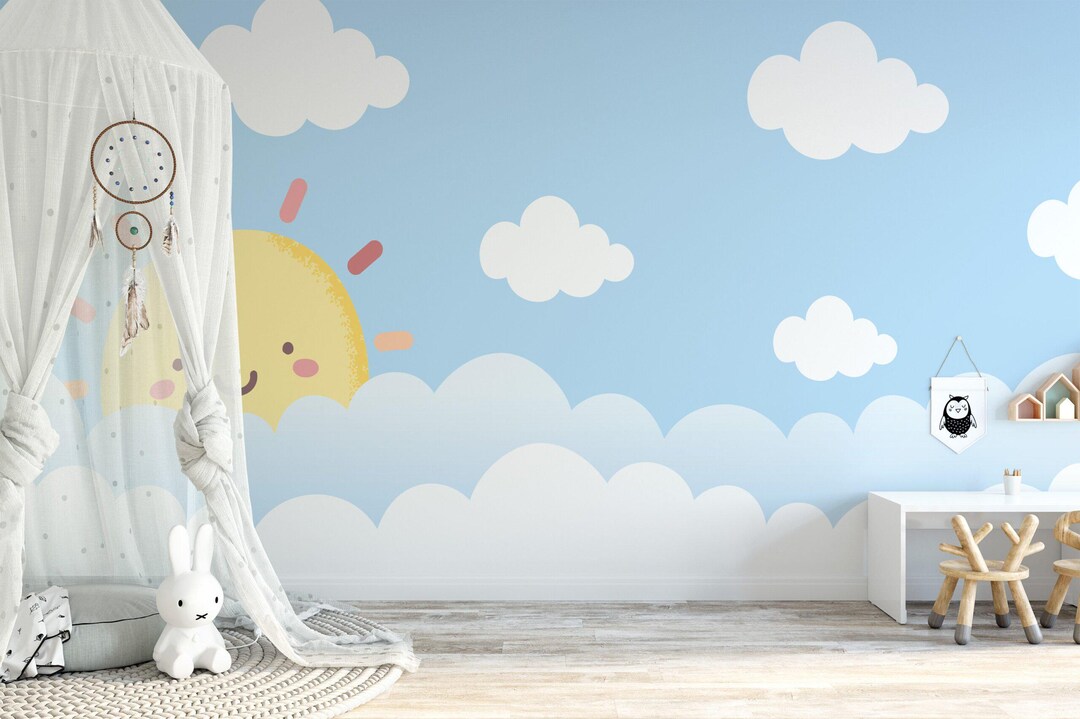 Smiling Sun and Clouds Wallpaper, Kids Room Decor, Sky Illustration - Etsy