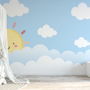 Carta da parati per bambini con sole sorridente e nuvole, carta da parati con cielo e sole ad acquerello per la cameretta dei bambini, carta da parati con bambini blu, carta da parati con illustrazioni