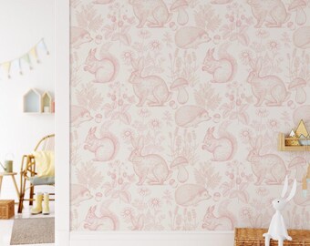 Papel pintado con dibujos lineales de animales rosas, decoración de habitación infantil inspirada en el bosque.