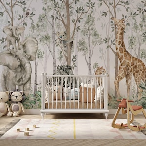 Der Wald und seine tierischen Freunde Tapete für Kinderzimmer, Kinder Tapete, Wandbild Kinderzimmer, Safari Tapete, Dschungel Tapete