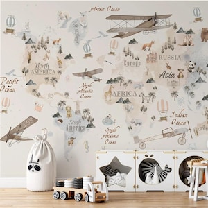 Carte du monde animal et avions papier peint pour chambre d'enfant, papier peint enfant, papier peint autocollant pour chambre d'enfant, papier peint bébé mignon, décoration murale bébé garçon