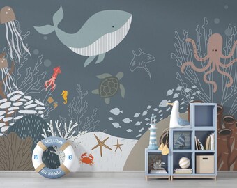 Papel tapiz infantil con peces del océano, decoración de guardería de ballena azul, despegar y pegar