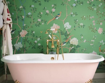 Groen chinoiseriebehang, vogels en bloemen muurschildering