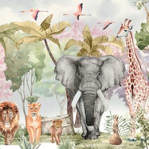 Safari Animals Tropical Wallpaper in Vivid Colors For Kidsroom, Childrens and Baby Wallpaper, Wall Mural Nursery, Wild Jungle Wallpaper