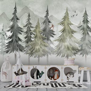 Grüne Kiefern Wald Kinder Tapete, Aquarell Bäume Kinderzimmer Dekor