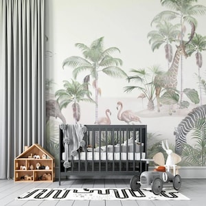 Carta da parati Flue Colorful Tropical Forest Kids, carta da parati Flamingo Giraffe Zebra Elephant per la cameretta dei bambini, carta da parati Tropical Jungle Nursery