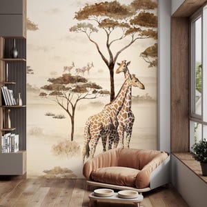 Carta da parati con animali da safari in Africa, carta da parati con giungla esotica, murale da parete marrone, carta da parati staccabile e adesiva, carta da parati con disegno di safari