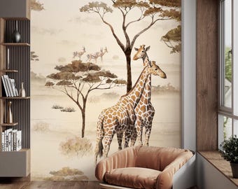 Safari Animals Wallpaper, Exotic Jungle Drawing, Peel and Stick