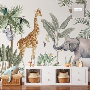 Carta da parati con animali della giungla ad acquerello per bambini con cielo chiaro, carta da parati con natura per bambini, carta da parati con bambini della foresta, carta da parati con bambini della giungla Drawwing