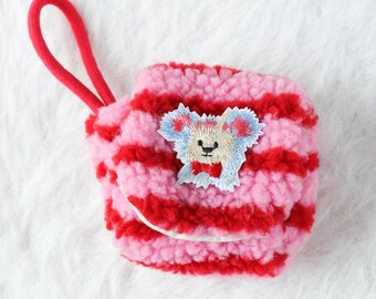 Handmade Plush AirPods Pouch: Pink Striped Dog Patch, Soft Protective Cover