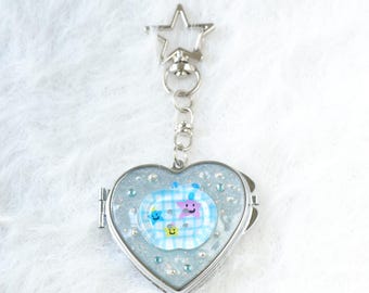 Kawaii Glitter Heart Mirror Keychain | Handmade Gingham Charm