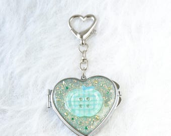 Kawaii Heart Mirror Keychain | Glitter Resin Charm with Gingham Button