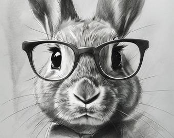 Charcoal sketch Netherland Dwarf Rabbit with glasses and bowtie digital download