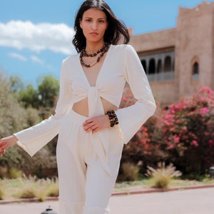 JAMİLA 100% Cotton Top and Pants Set, Wide Leg Pant Set, Bohemian Style Wear, Beige Color Women&#39;s Summer Set, Two Piece, Summer Resort Wear