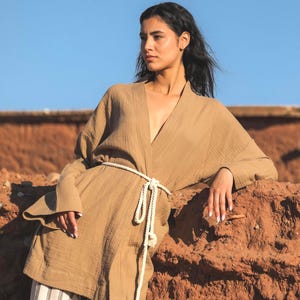 OUMAIMA 100% Cotton Kimono, Brown Short Women Kimono, Boho Style Women Kimono, Women Stylish Robe, New Season Clothing