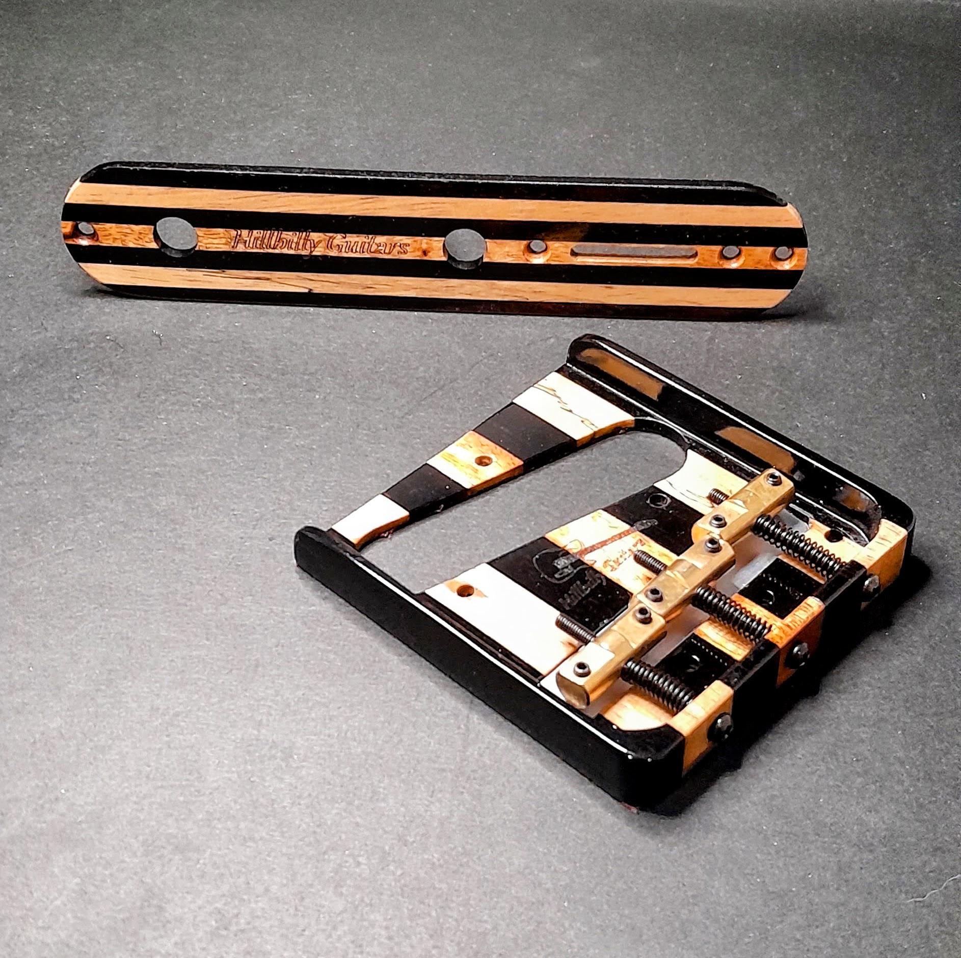 Hillbilly Guitars Telecaster Bridge Black Ebony & Flame Maple / Brass COMP Saddles
