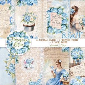 Kit diario ortensia blu, BLU SENZA TEMPO, Pagine stampabili del diario spazzatura, Kit diario shabby chic, Pagine di diario ortensia floreale Carte Tag